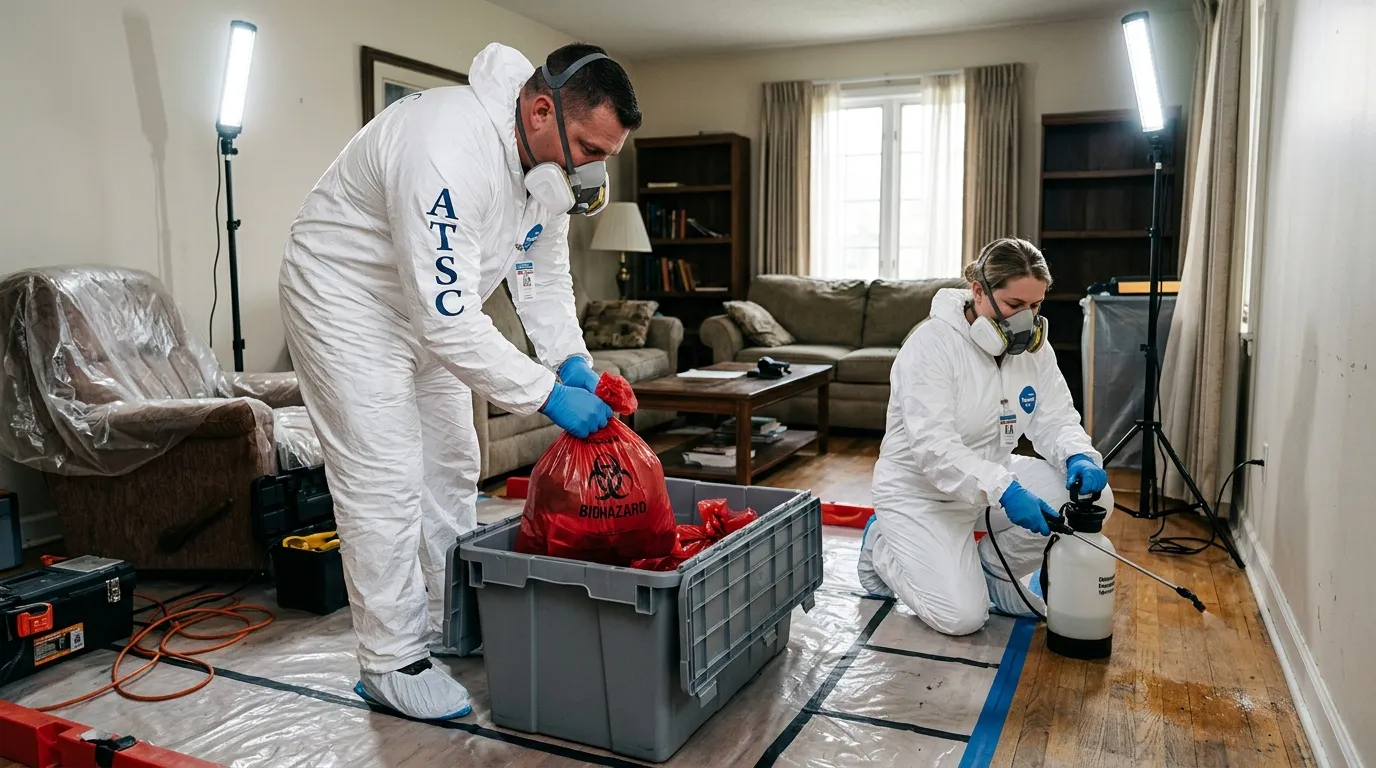 Professional Biohazard Cleanup technician in full PPE working in Washington